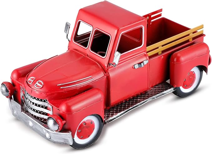 Vintage Red Truck Decor, Farmhouse Metal Outdoor/Indoor Pickup Planter, Christmas Red Trucks Decorations, Decorative Tabletop Storage,Gift Basket for Holiday