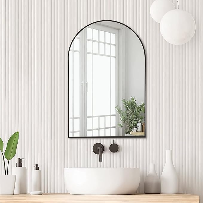 NeuType 36"x24" Arched Wall Mirror, Small Full Length Mirror Hanging or Leaning Against Wall, Dressing Mirror Make-up Mirror for Living Room, Bedroom, Bathroom, Aluminum Alloy Thin Frame, Black
