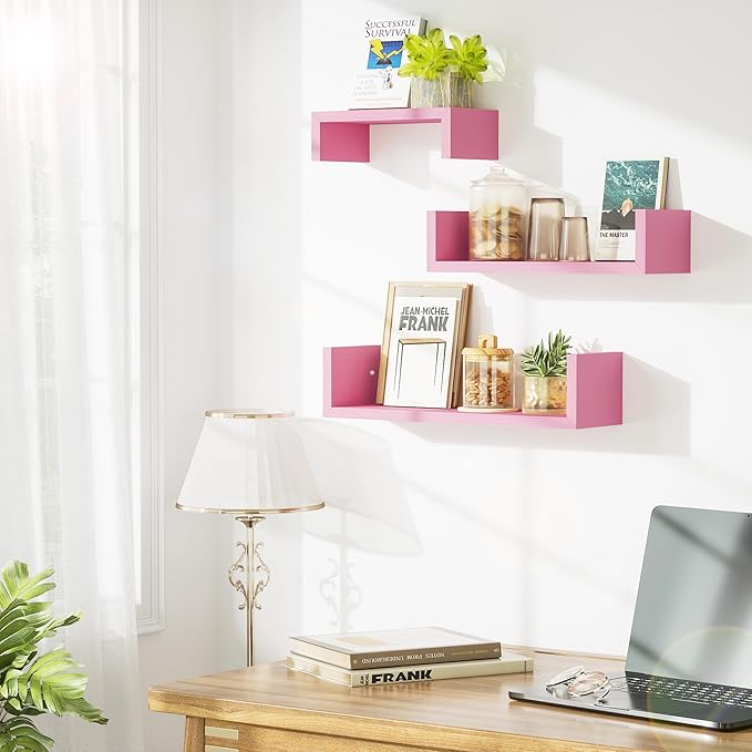SRIWATANA Floating Shelves Wall Mounted, Solid Wood Wall Shelves, Pink