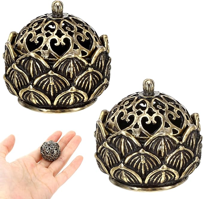 2 PCS Mini Brass Flower Incense Cone Holder, Vintage Flower Incense Holder Elegant Decor for Home, Office, Yoga, Meditation, Spa (2.8 × 2.7 cm)