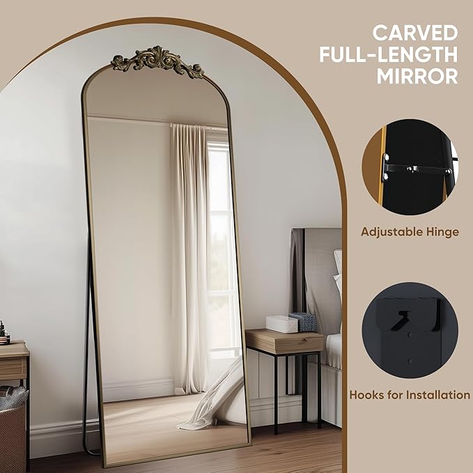 Antok Arched Full Length Mirror, 65"x24" Floor Mirror with Carved, Full Body Mirrors for HomeDecor, Standing/Halling Large Wall Mirror for Bedroom, Living Room, Cloakroom, Bronze, Retro Style