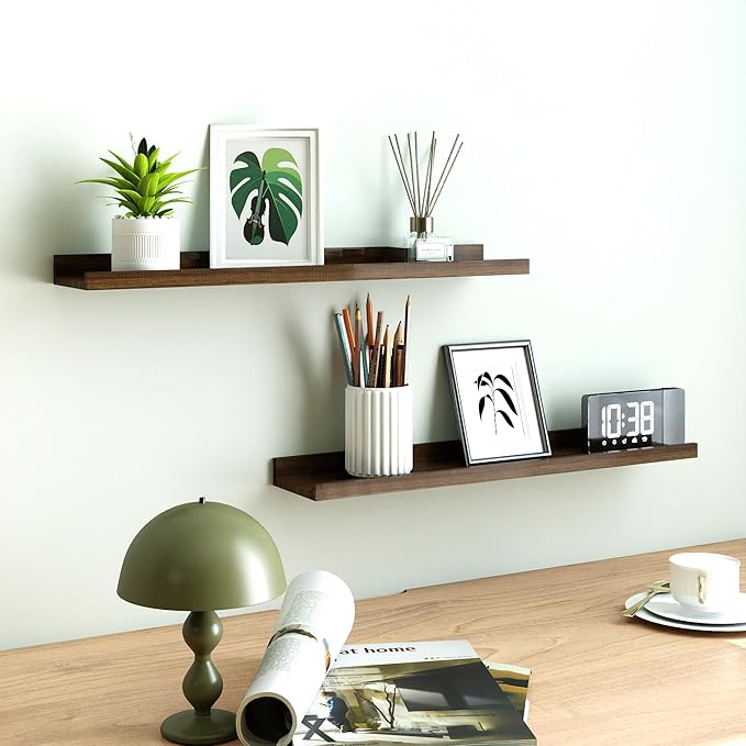 Floating Shelves for Wall Decor, Long Wall Mounted Storage Shelf for Bedroom, Living Room, Bathroom, Kitchen, Nursery, Display Picture Ledge Shelf with Lip Set of 2-24 Inches, Walnut