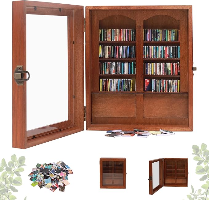 Anxiety Miniature Bookshelf with 200pcs Mini Books,Get rid of Your Anxiety Miniature Book Display Cabinet, Stress-Relief Bookshelf for Home Office Decor (Brown)