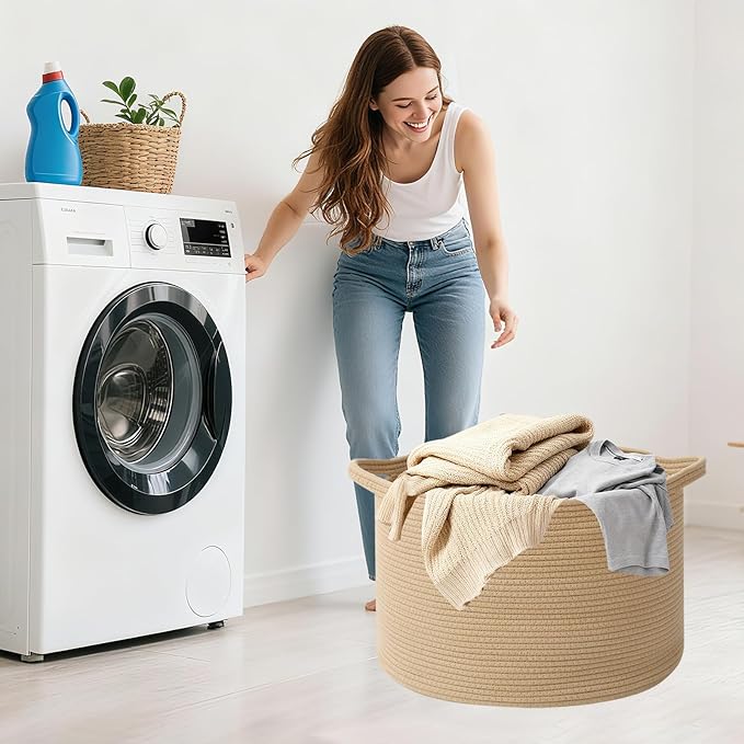 90L Large Blanket Basket, 21.7"x 21.7"x 13.8" Rope Woven Storage Basket with Handles, Laundry Hamper for Toys, Clothes, Pillows & Towels, Perfect for Living Room, Nursery & Bedroom,Camel
