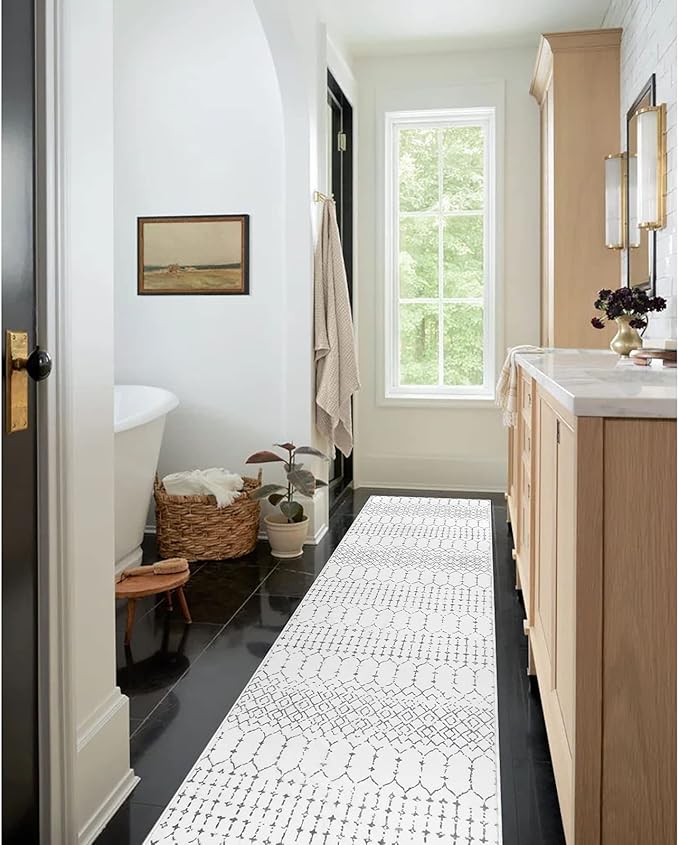 Lahome Moroccan Kitchen Runner Rug - 2x8 Non-Slip Washable Hallway Rug Runner Ultra-Thin Soft Throw Bathroom White Print Distressed Carpet for Entryway Laundry Room Living Room Hana