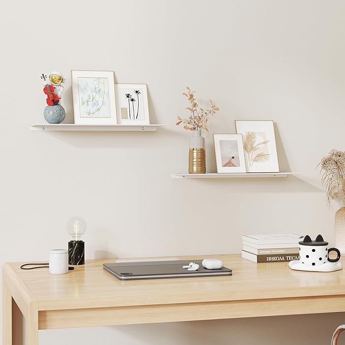 MKO 16" Floating Shelves for Wall, Metal Wall Mounted Shelf for Bathroom, Bedroom, Living Room, Kitchen, Hanging Shelves for Books/Storage/Room Decor 2 Packs, White