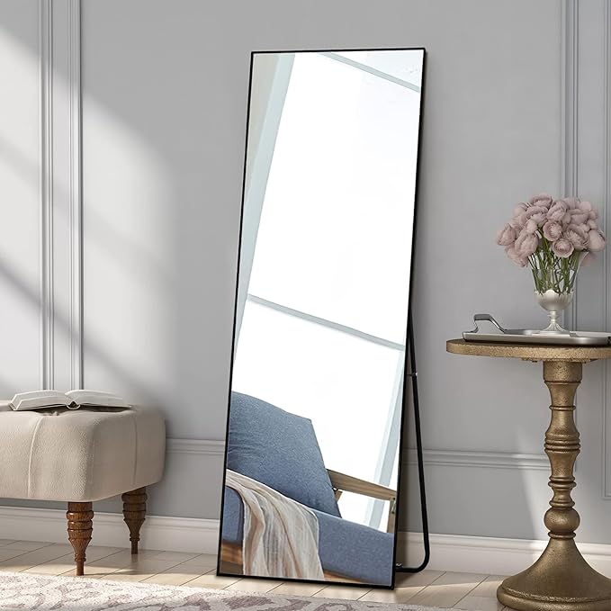 NeuType Full Length Mirror, 59"x16" Full Body Mirror with Stand Floor Mirror Full Length Standing Mirror Wall-Mounted Mirror Hanging or Leaning Against Wall Aluminum Alloy Thin Frame (Black)
