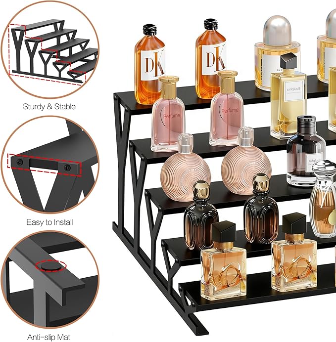 KALYLOC 5 Tier Wooden Display Riser Stand 13.8 Inch Metal Step Perfume Stand Organizer Tabletop Tiered Display Shelf Rack for Cologne Cupcake Spice Figures Cosmetics Candles (Black, Y-Shape)