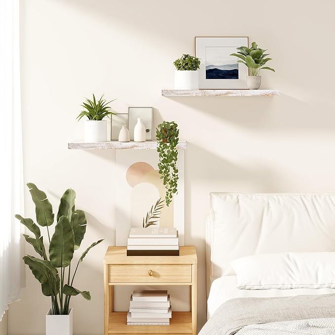 Vivelove Elm Floating Shelves for Wall Solid Wood, 24 Inches Long Rustic Wall Shelf with Invisible Bracket for Living Room Bedroom Bathroom Office, Farmhouse Display Shelf, Set of 2 - Weathered White