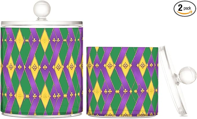 Mardi Gras Purple Green Yellow Diamonds Clear Plastic Makeup Organizer Storage with lid Office Essentials Decorative Dental floss storage jar for Cotton Swabs,Cotton Pads,Floss Picks,Paper