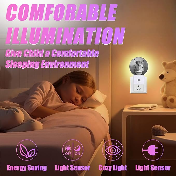 Highland Cow Night Light LED Lamp Round Plug into Wall Nightlight with Dusk to Dawn Sensor Home Hallway Stairway Bathroom Decor