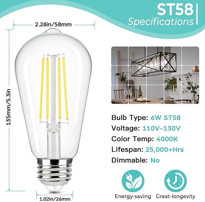Brightever E26 LED Edison Bulbs 60 Watt Equivalent, 6W ST58 Super Bright 4000K Neutral Daylight White Vintage Bulbs, Clear Glass Antique Style 700Lumens LED Filament Lightbulbs, Non-dimmable, 8 Packs