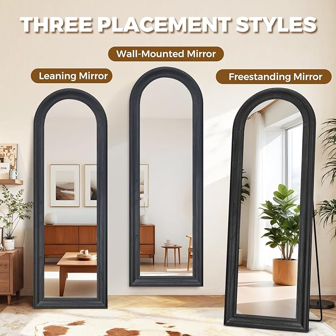 Solid Wood Full Length Mirror - 65"x22" Arched Floor Mirror, Free Standing & Wall Mounted - Elegant Design for Bedroom, Dressing Room, Hallway, Black