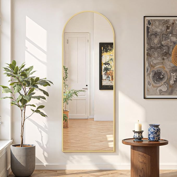 Mirror Full Length 58"x19" Full Body Floor Mirror with Stand, Shatterproof Glass, Aluminum Alloy Frame, Free Standing Wall Mounted or Leaning Arched Mirrors for Bedroom Living Room Entryway