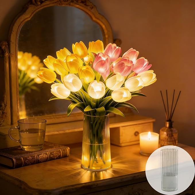 Radiant Romantic Tulip Light with a Vase, 15 PCS Twinkling Tree Tulips Led Night Light that Never Fade, Flower Shaped Ambient Night Lamp for Bedroom Bedside Decor & Gift (Mixed(with Vase))