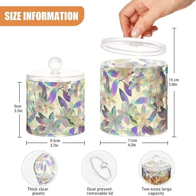 Hologram Flower Purple Clear Plastic Makeup Organizer Storage with lid Bathroom Essentials Decorative Dental floss storage jar for Cotton Swabs,Cotton Pads,Floss Picks,Paper Clips,Hair Clips 2