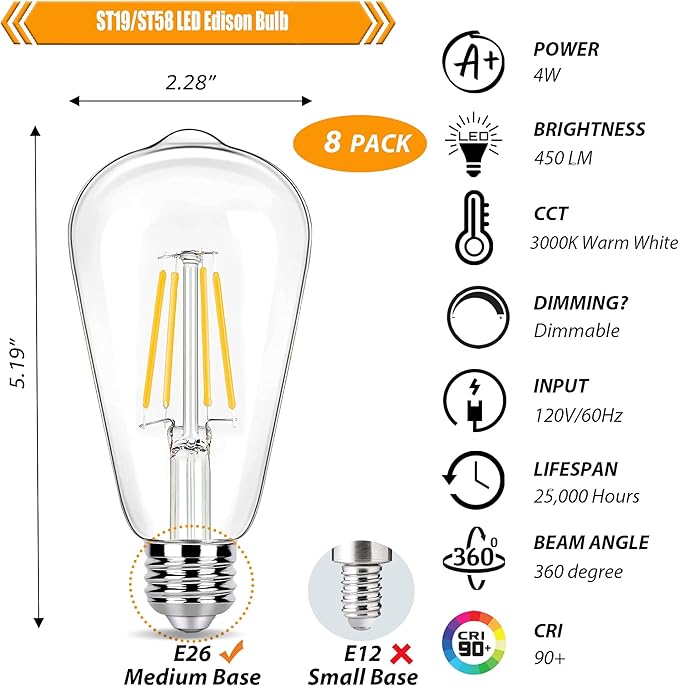 8 Pack Dimmable 40 Watts Equivalent LED Light Bulbs, 3000K Warm White ST19 4W LED Edison Bulbs for Ceiling Light, 90 CRI, 450LM, E26 Base, 120V