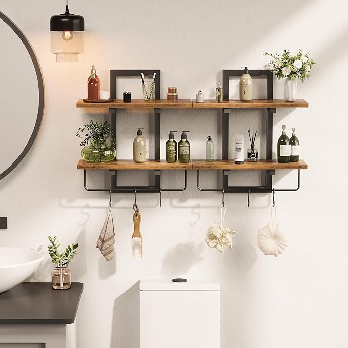 Creso hom Floating Shelves for Wall Set of 2, Wood Wall Shelf with 6 Hooks, 2 Tier Hanging Decorative Storage Shelves for Living Room Bedroom Bathroom Kitchen Office Coffee Bar, Rustic Brown