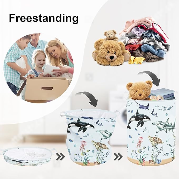 Ocean Animals Baby Laundry Hamper Collapsible Clothes Kids Storage Basket Large Boys Girls Gift Toy Box Bin for Nursery Room, Blue Shark, 63L