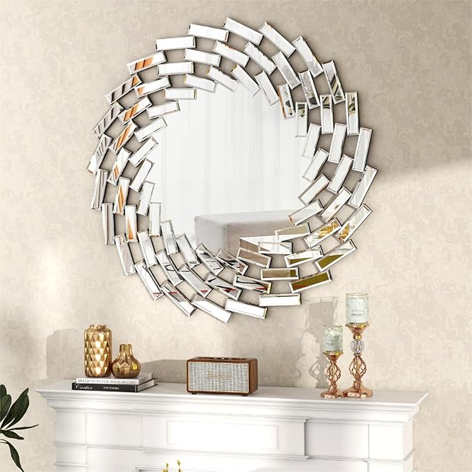 SHYFOY Round Mirror for Wall Decor, 24in Decorative Wall Mirror for Living Room, Modern Large Mirrors, Beveled Edge Frameless Accent Mirror