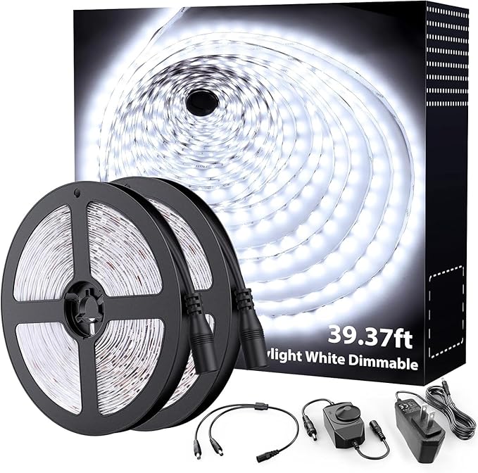 Onforu LED Strip Lights,39.37ft 6000K Dimmable Daylight White Tape Light,12m 720 LEDs 2835 Flexible Ribbon Mirror Light, 12V Adhesive Rope Lights for Kitchen, Under Cabinet, Bedroom