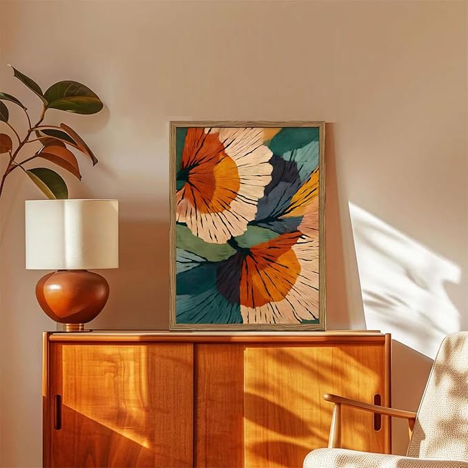 Framed Abstract Floral Wall Art, Boho Vintage Flower Pictures Wall Decor, Mid Century Modern Botanical Paintings Canvas Prints for Living Room Bedroom Office 16x24 inch