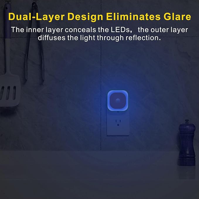YUNLEX 2 Pack Plug in Night Light with Motion Sensor & Dusk to Dawn Sensor, 3 Sensor Modes, Auto ON/Off, Dimmable, Night Lights Plug into Wall for Bathroom, Kitchen, Adults, Indoor, Light Blue
