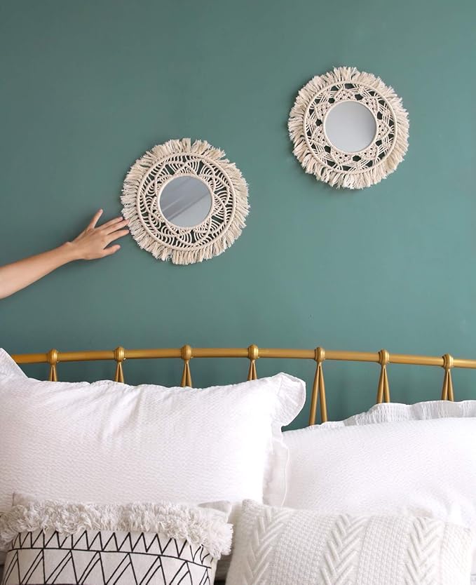 Mkono Hanging Wall Mirror with Macrame Fringe 2 Set Small Round Decoration Boho Antique Mirror for Apartment LivingRoom Bedroom Baby Nursery,Beautiful Gift Ideas