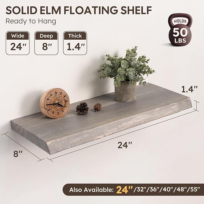 Live Edge Floating Shelves Set of 2, 24 Inch Solid Elm Wood Wall Shelves - Invisible Bracket Mount for Living Room, Bedroom, Kitchen, Bathroom | Weathered Gray