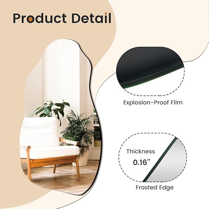 TRAHOME Irregular Asymmetrical Wall Mirror for Living Room Bathroom Entryway, Modern Decorative Mirror Hanging (Hook Style, 32'' x 18'')