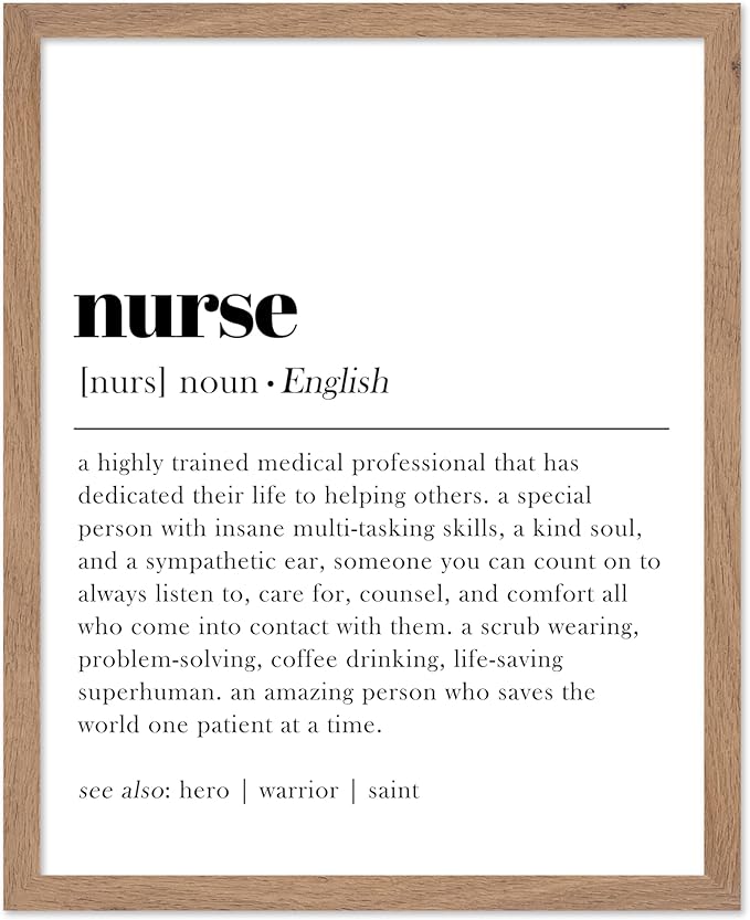 Poster Master Typography Poster - Dictionary Print - Nurse Definition, Amazing Person Who Saves the World, Hero, Saint - Gift for Friend - Wall Decor for Home, Hospital, 8x10 Beige Framed