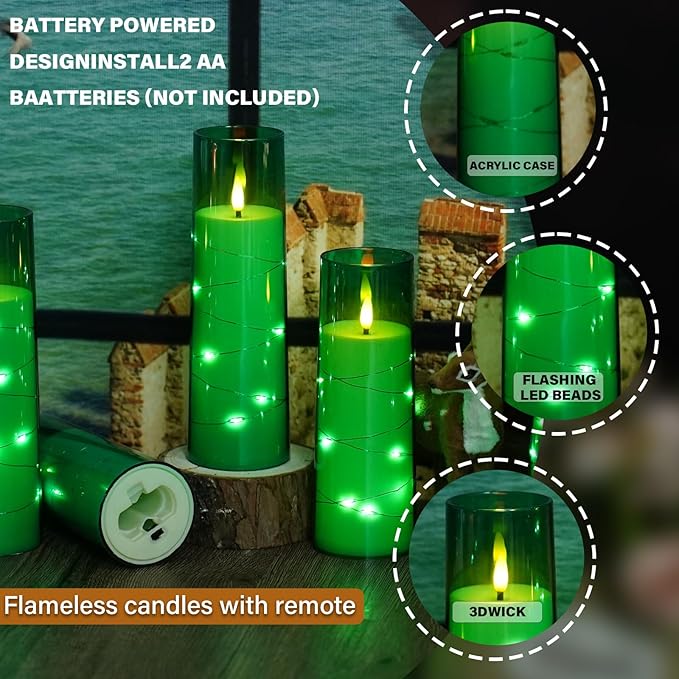 Nimiko Flickering Flameless LED Candles,Battery Operated Candles 9 Pcs with Embedded Star String,Acrylic LED Pillar Candles with Remote,Suitable for Home Decoration to Create an Atmosphere (Green)