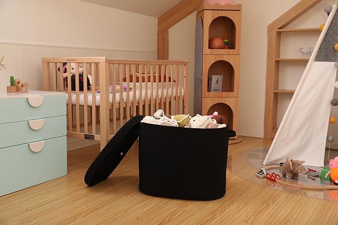 22"x14"x18" Rectangular Extra Large Storage Basket With Lid, Large Cotton Rope Storage Basket, Woven Laundry Hamper, Cloth Storage Bin, for Clothes Towels Blankets in Living Room, All Black