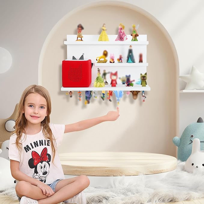 PHOENANCEE for Tonies Shelf Magnetic,for Toniebox Figures Storage Display Shelf 40-48 Character,Wall Floating Shelves Wooden,Compatible Charging Station for Children Kid's Room,Pine,3 Tier