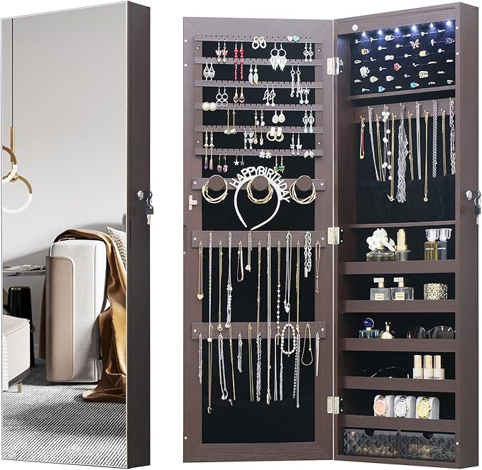 LED Jewelry Cabinet Armoire Organizer,Wall/Door Mount Jewelry Organizer and Storage with Full-Length Mirror Hanging Jewelry Organizer Full Length Mirror with Storage Large Capacity Brown