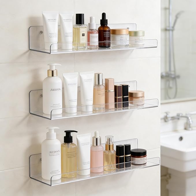 Clear Acrylic Shelves for Bathroom, 15'' Floating Shelves Wall Organizer for Perfume, Skincare, Bookshelf Organizer for Bedroom, Kids Room, Living Room, Room Decor
