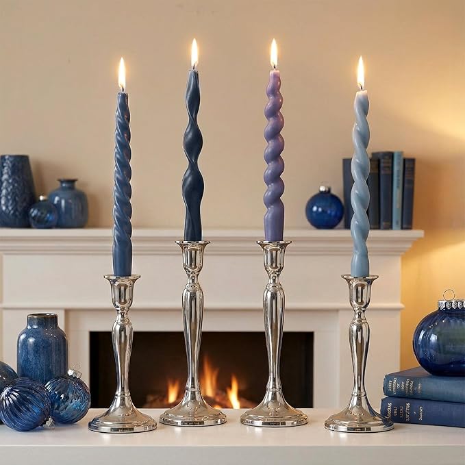 Nuanchu 4 Pcs Twisted Taper Candles Wax Unscented Smokeless Spiral Swirl Candlesticks for Wedding Holiday Dinner Party Home Decorations(7.87 Inch,Pure,Blue)