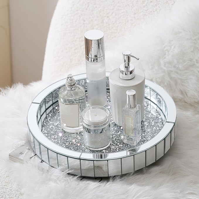 12” Rotating Perfume Organizer Tray,Mirror Glass Vanity Tray for Bedroom Dresser,Makeup Skincare Organizer for Bathroom,Crushed Diamond Home Decor