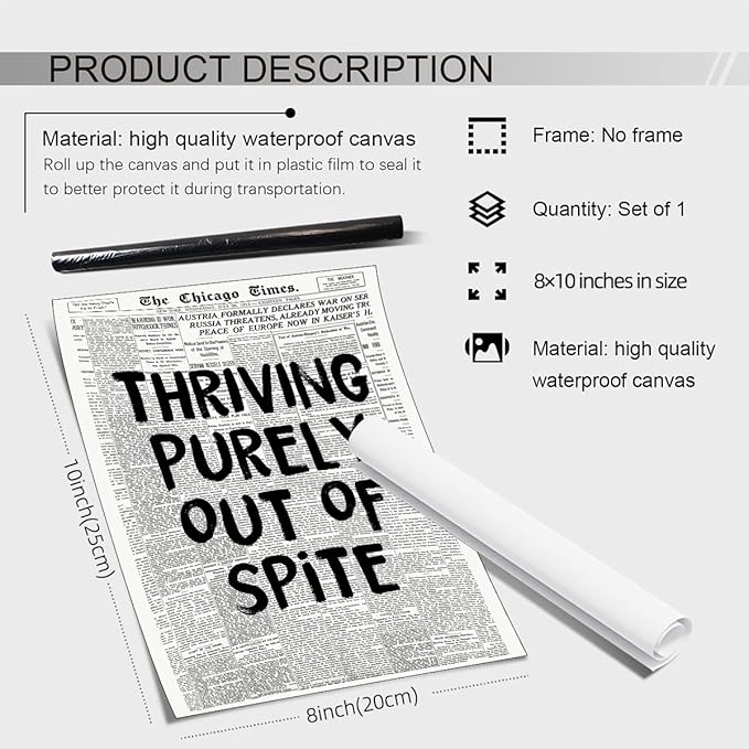 noxozoqm Black And White Newspaper Poster Fashion Fun Motivational Quote Wall Art Thriving Purely Out Of Spite Prints for Apartment Bedroom Wall Decor 08x10 inch Unframed