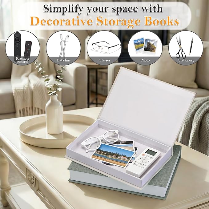 Realistic Decorative Book Boxes with Hidden Storage, Set of 2 Linen Faux Books, Sturdy and Neutral Home Decor for Coffee Table, Bookshelf, Entryway and Office