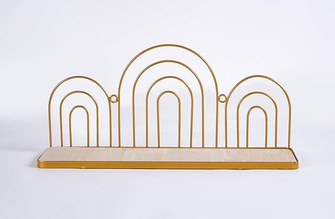 Urban Lifestyle Gold Iron Scallop Shelf, Modern Decorative Floating Wall Shelf with Wooden Base,Boho Arch Design Organizer for Living Room, Bedroom, or Office