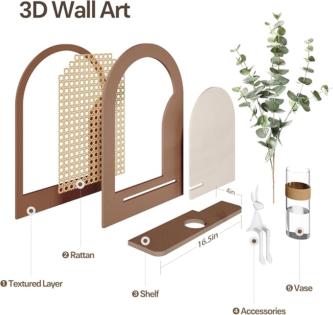 Troartos 3D Textured Boho Wall Decor with Shelf, Neutral Beige Brown Woven Rattan Sandstone Wall Art, Minimalist Arched Artwork for Living Room, Hallway, Kitchen, Bedroom, Office, 24x24 Inch