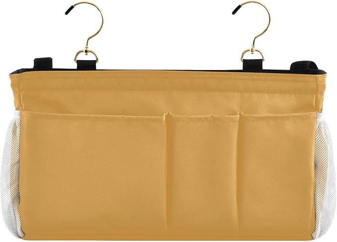 Mustard Yellow Bedside Caddy Storage Bag Bedside Organizer for Bunk Bed Headboards College Hanging Bag Bedside Shelf 6 Pockets with Hooks for Magazine Water Bottle Holder