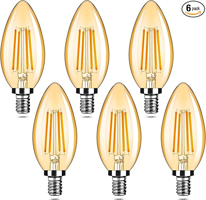 Yochoice 6-Pack Dimmable E12 Candelabra Bulbs 40Watt Equivalent, 2200K Amber Warm White, 380Lumens, 4W B11 Chandelier Light Bulbs, Filament Clear Glass Candle Lamp for Ceiling Fan Home Decor