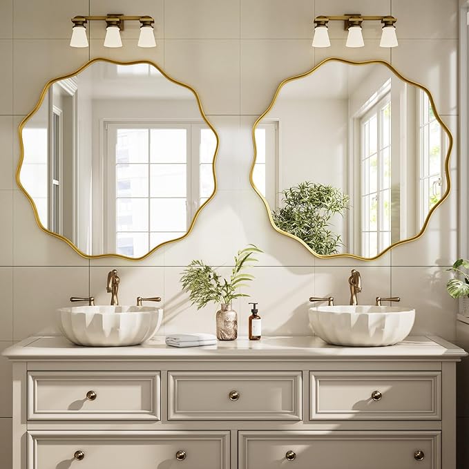 Round Wavy Mirror - 24 Inch Bathroom Vanity Mirror Metal Frame Circle Wall Mounted Mirror for Bedroom Living Room Entryway, Gold