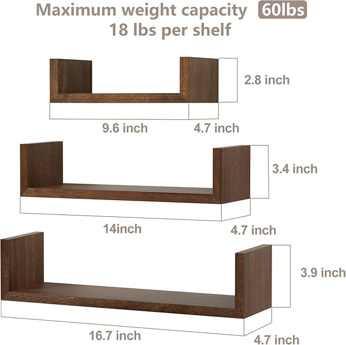 SRIWATANA Floating Shelves Wall Mounted, Solid Wood Wall Shelves Set of 3, Dark Brown…