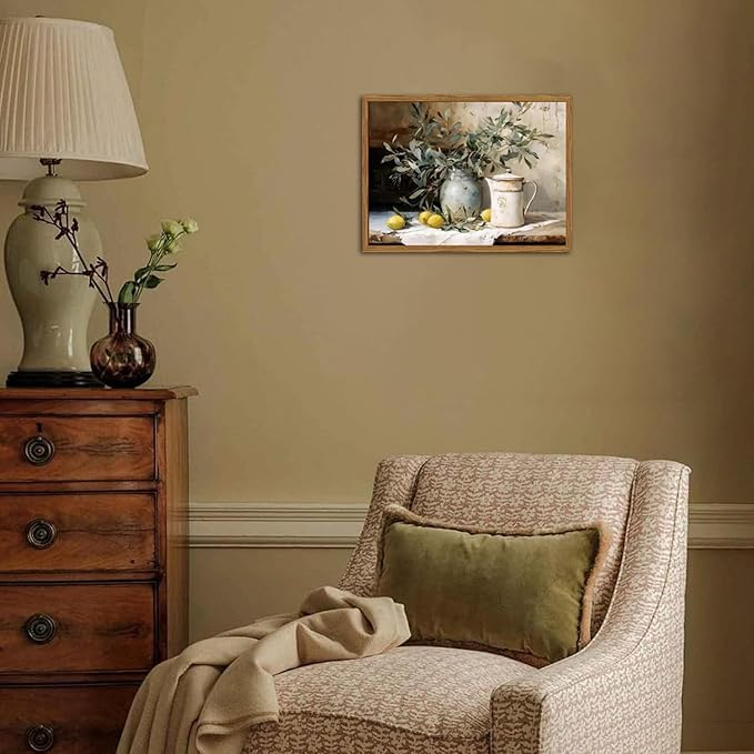 Framed Vintage Kitchen Wall Art, Rustic Yellow Lemon Still Life Pictures Wall Decor, Country Botanical Paintings Canvas Prints Farmhouse Home Decor for Dining Room Living Room 12x16 inch