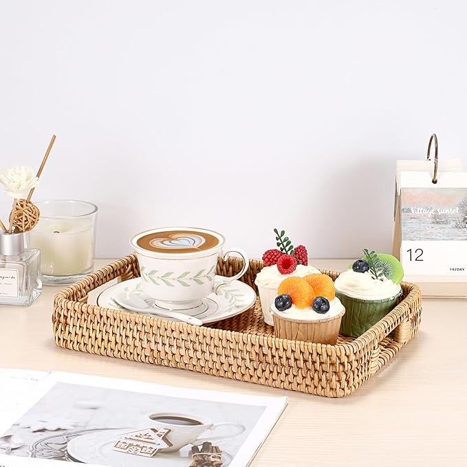 Hipiwe Rattan Serving Tray Hand Woven Tray with Handles Rattan Rectangular Basket Trays for Storage Breakfast Dessert Fruit Decorative Trays for Coffee Table, 11.8x7.9x1.8inch