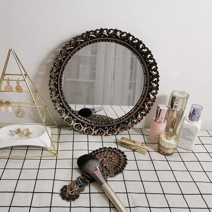 YANIZU Decorative Mirror Tray, Round Hollowed Out Design, Organizer for Makeup, Jewelry, Perfume, Vintage Display and Serving Tray for Dresser, Counter and Coffee Table, 12"X 12", Black