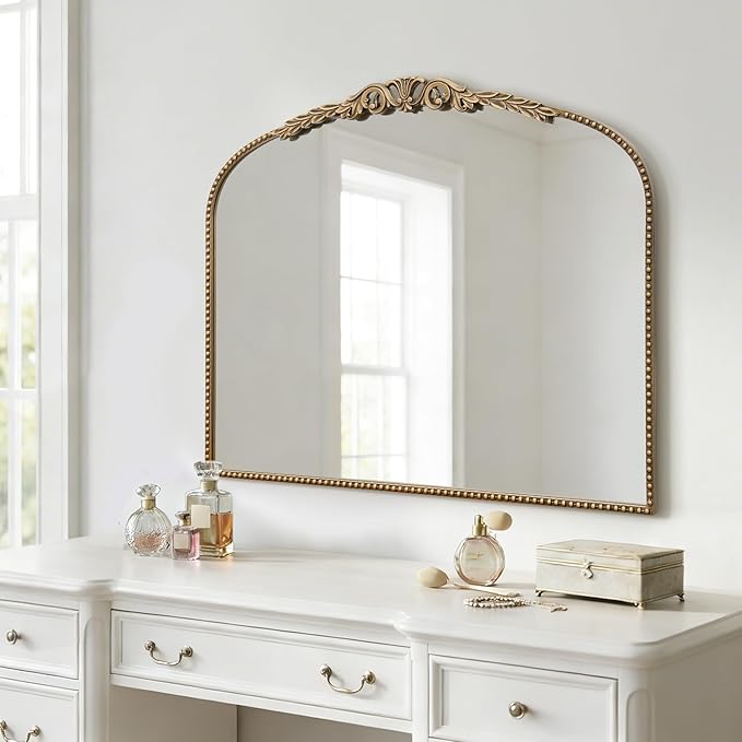 Besdomus Large Gold Vintage Mirror: 29"x 36" French Baroque Bathroom Mirror - Traditional Ornate Antique Arched Mirrors for Wall/Dresser/Mantel/Bedroom/Entryway/Hallway - Home Decor for Living Room